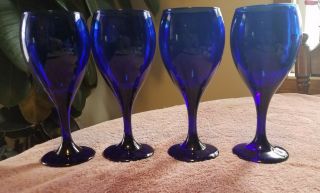 4 Vintage Cobalt Blue Stemmed Wine Water Glasses Goblets 7.  5 "
