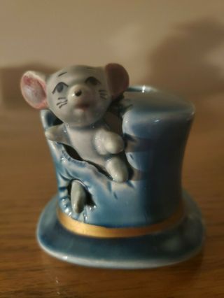 Vintage Ceramic Mouse In Top Hat Toothpick Holder