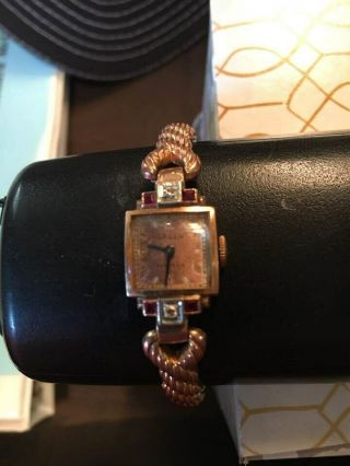 Vintage Ladies Gruen Precision Wrist Watch 14k Rose Gold,  Diamonds,  Rubies.