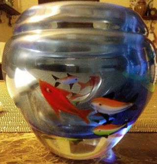 Vintage Art Glass Blue Vase W/hand Painted Fish In Fish Bowl