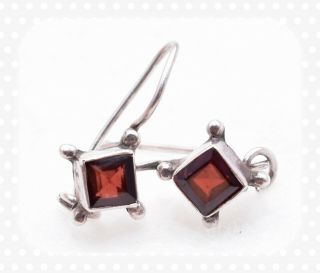 ❤️vtg Sterling Silver Red Garnet Geometric Diamond Shape Hook Latch Earrings❤️