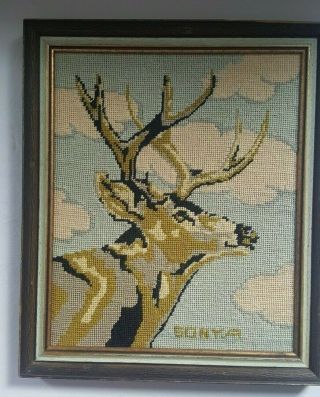 Vintage Framed Needlepoint Deer Art - Cross Stitch Buck