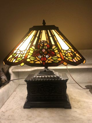 Vintage Antique Tiffany Style Stained Glass Table Lamp Rectangular Shade - Base