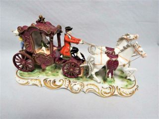 Antique Saxe Porcelain Dresden Germany Lady In White Horse Drawn Large Carriage
