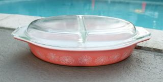 Vintage Pyrex 1.  5 Qt.  Pink Daisy Divided Casserole Baking Dish With Lid