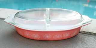 VINTAGE PYREX 1.  5 Qt.  PINK DAISY DIVIDED CASSEROLE BAKING DISH WITH LID 2