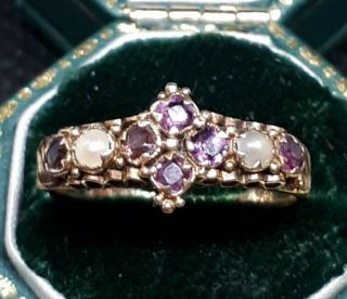 Gorgeous Antique Victorian 18ct Gold Amethyst And Seed Pearl Ring K To K 1/2.