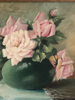 ANTIQUE VICTORIAN PINK ROSE FLORAL STILL LIFE OIL PAINTING OLD SIGNED KUNDERT 2