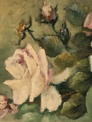 ANTIQUE VICTORIAN PINK ROSE FLORAL STILL LIFE OIL PAINTING OLD SIGNED KUNDERT 3