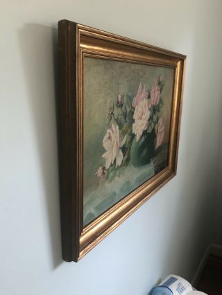 ANTIQUE VICTORIAN PINK ROSE FLORAL STILL LIFE OIL PAINTING OLD SIGNED KUNDERT 5