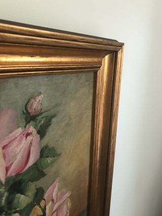 ANTIQUE VICTORIAN PINK ROSE FLORAL STILL LIFE OIL PAINTING OLD SIGNED KUNDERT 6