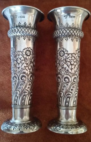 Pair Victorian Sterling Silver Art Nouveau Vases Posy Bud Vase 1893 Arts Crafts