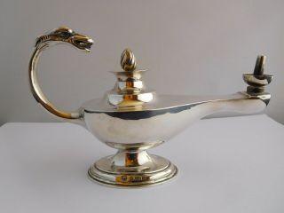 Good Sized Edwardian Solid Silver Mythical Handled Aladdins Lamp Table Lighter