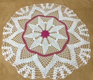 Vintage Hand Crocheted Large Doily,  Round,  White/fuchsia,  Polyester