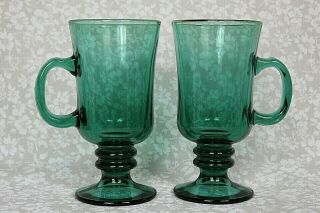 Vintage Libbey Gold Rim Juniper Green Glass Irish Coffee Pedestal Mugs Set Of 2