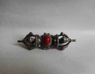 Antique Tibet Top High Aged Silver Buddhist Vajra With Red Coral Turquoise Inlay