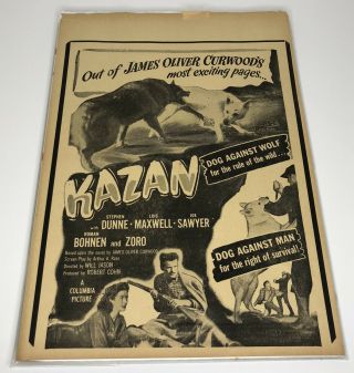 Vintage 1949 Movie Handbill Kazan Sled Dog Movie Vtg Poster 13x9 Art Ad