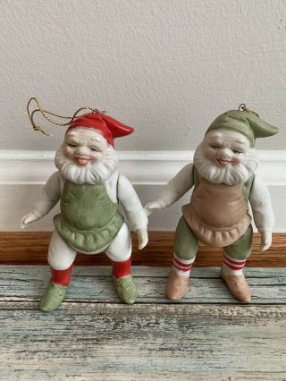 Set Of 2 Vintage Gnomes Elves - Ceramic Christmas Ornaments