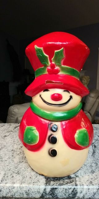 Vintage Union Product Blow Mold Snowman Smiling Red Hat Holly Hard Plastic Read