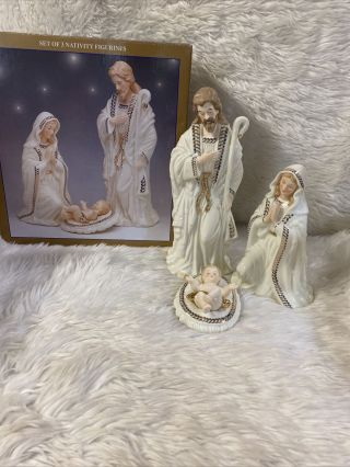 Vintage Jade Porcelain Bon Ton Set Of 4 Nativity Figurines W/gold Accent