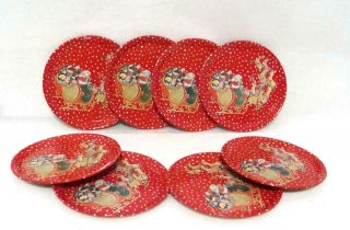 8 Vintage Childs Toy Christmas Plates Metal Tin Litho Santa Reindeer Tea Set
