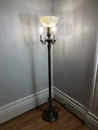 Antique Floor Lamp Art Deco Torchiere 3 Arm Candlestick Detail Brass
