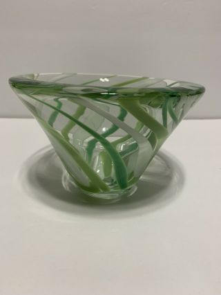 Vintage Murano Art Glass Greens White Ribbon Swirl Bowl Dish Heavy