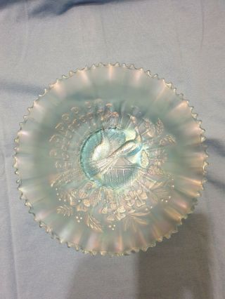 Antique Northwood Ice Blue Carnival Glass Candy Bowl / Dish Peacocks On Fence