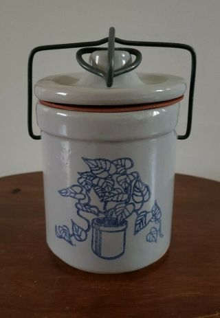 Small Vintage Stoneware Crock With Lid,  Bail & Ring Blue Plant In Crock Design
