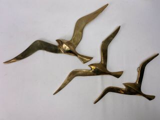 Vintage Solid 3 Brass Seagulls Birds In Flight Set Wall Art Mcm Decor