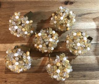 Vintage 6 Napkin Rings Acrylic Tones Gold/Yellow White Flower Beads Gold Wire 2