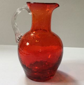 Vintage Hand Blown Crackle Glass Creamer Pitcher Vase Red Orange Clear Handle