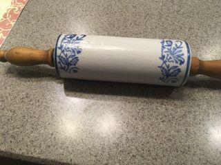 Antique Stoneware 15 " Rolling Pin Gray Blue Wildflower Bands Wooden Handles
