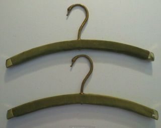 Vintage Clothes Hangers With Brass Swan Hook & Green Velvet Cover - Set Of 2