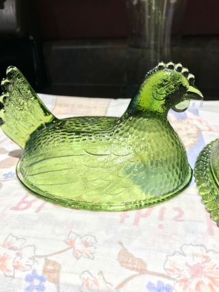 Vintage Indiana Glass Green 7 " Chicken Hen On Nest Bowl Candy Dish -