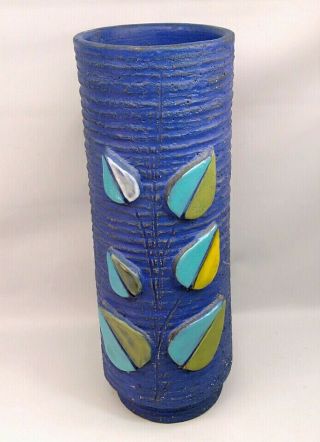 Italian Mid - Century Studio Art Pottery Vase Rimini Matte Blue W Leaves,  Bitossi