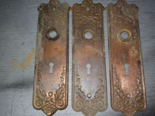 3 Vintage Art Deco Style Fancy Door Knob Back Plates / Copper Plated