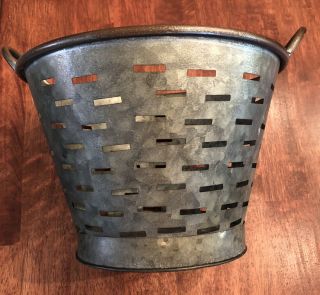 Primitive Rustic Antique Style Olive Bucket Slat Pail Metal Basket Handle