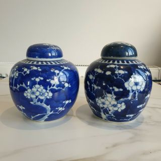 (a) Two Good Chinese 19th C Kangxi Style Blue & White Prunus Jars
