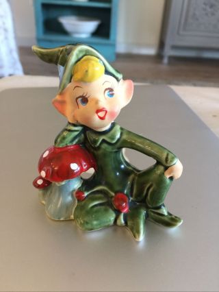 Vintage Lefton Japan Waving Pixie Elf Girl On Mushroom Figurine 4193 Christmas
