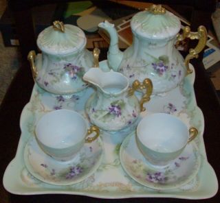Antique France Limoges Coffee / Tea Set 2 Cups Tray Gold Green Purple Flowers