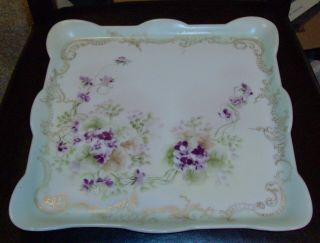 ANTIQUE France Limoges Coffee / Tea Set 2 Cups Tray Gold Green Purple Flowers 2