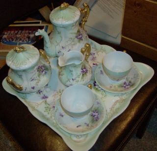 ANTIQUE France Limoges Coffee / Tea Set 2 Cups Tray Gold Green Purple Flowers 3