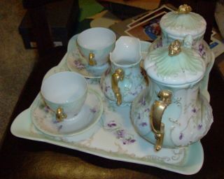 ANTIQUE France Limoges Coffee / Tea Set 2 Cups Tray Gold Green Purple Flowers 4