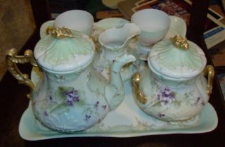ANTIQUE France Limoges Coffee / Tea Set 2 Cups Tray Gold Green Purple Flowers 5