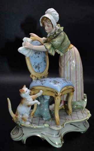 Finest Antique 19thc German Volkstedt Porcelain Figure Group - The Cleaning Maid