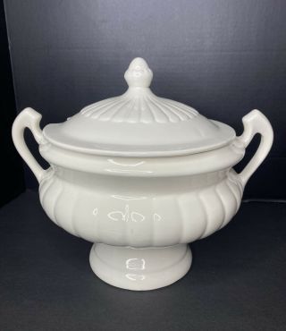 Vintage Extra Large 14” By 14 " Pedestal White Soup Tureen With Handles Pottery