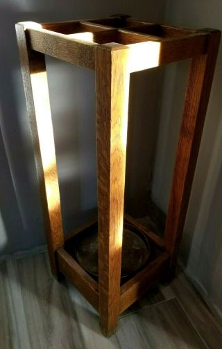 Antique Arts And Crafts Mission Oak Umbrella/cane Stand Holder With Drip Pan