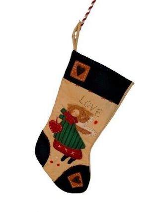 Christmas Stocking Vintage Completed Handmade Applique Angel Felt Heart Button