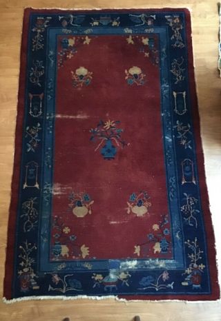 Antique Chinese Art Deco Nichols Peking Rug Carpet Hand Knotted Burgundy 80 " X48 "